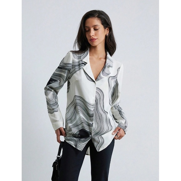 Marble Print Button Down Collared Long Sleeve Dress Shirt Top - Picture 4 of 9